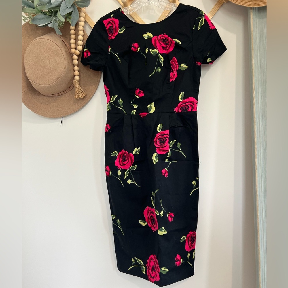Black Rose Print Sheath Dress | Classic Floral Midi | Cap Sleeve